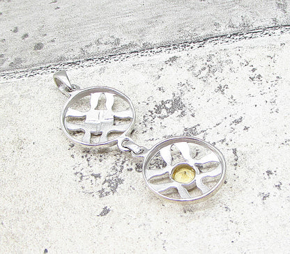 925 Sterling Silver  Faceted Citrine Linked Cross Wheels Drop Pendant  PT1530