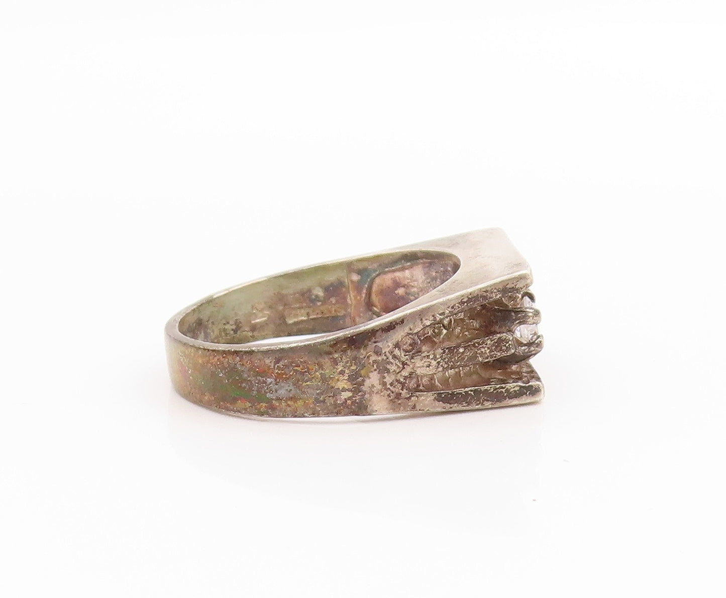 925 Sterling Silver Vintage Ring Three Stone CZ Rectangular Band  Sz 10  RG33545