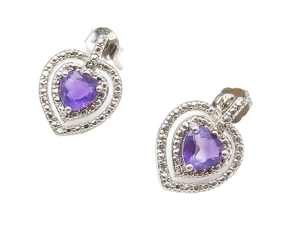 925 Sterling Silver  Genuine Diamonds & Amethyst Heart Drop Earrings  EG8432