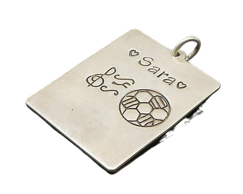 925 Sterling Silver  Vintage Sara Music & Soccer Motif Square Pendant  PT19933