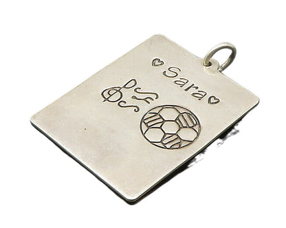 925 Sterling Silver  Vintage Sara Music & Soccer Motif Square Pendant  PT19933