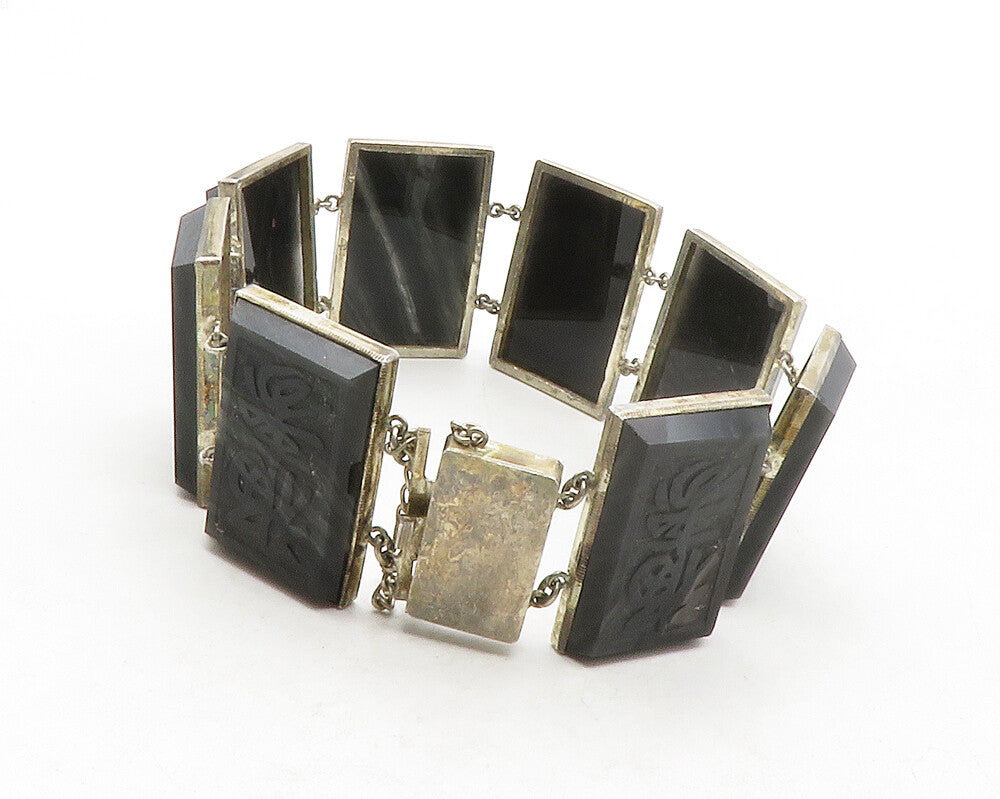 925 Sterling Silver  Vintage Black Onyx Chinese Writing Chain Bracelet  BT4836