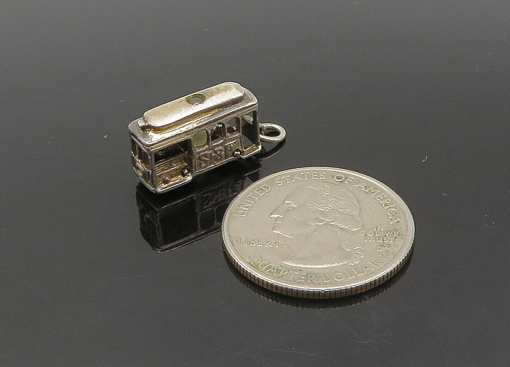 925 Sterling Silver  Vintage Dark Tone Trolley Car Pendant (MOVES)  PT16392