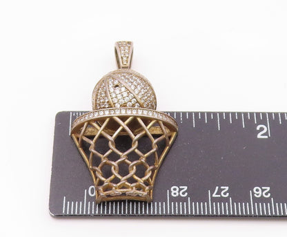 925 Sterling Silver  Vintage Topaz Basketball & Hoop Sports Pendant  PT10131
