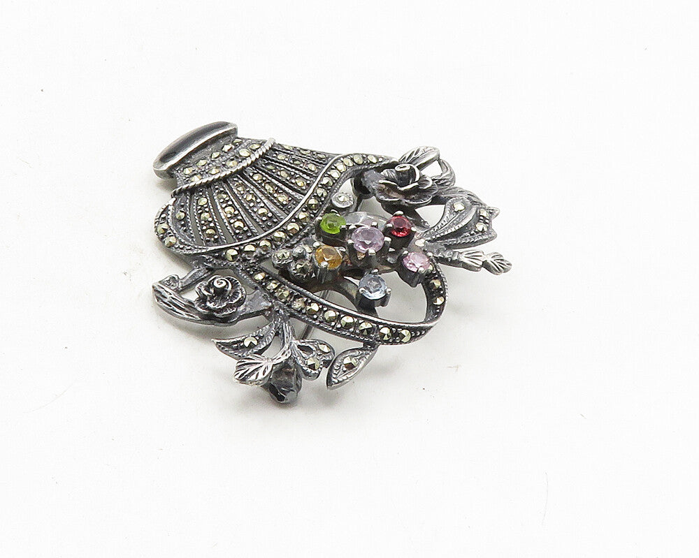 925 Silver  Vintage Topaz Amethyst Peridot & Citrine Floral Brooch Pin  BP3822