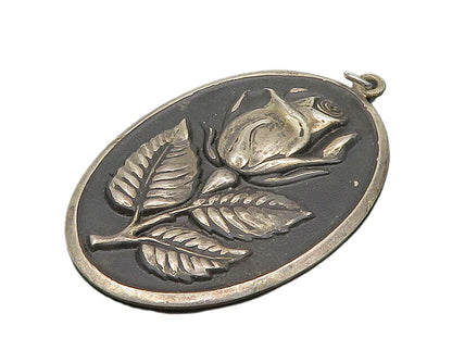 INTERNATIONAL 925 Silver Vintage Oxidized Rose Flower Oval Pendant PT14900