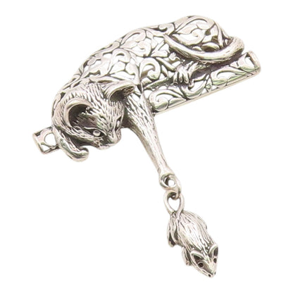 925 Sterling Silver Vintage Brooch Pin JEZALINE Cat With Swinging Mouse  BP12549