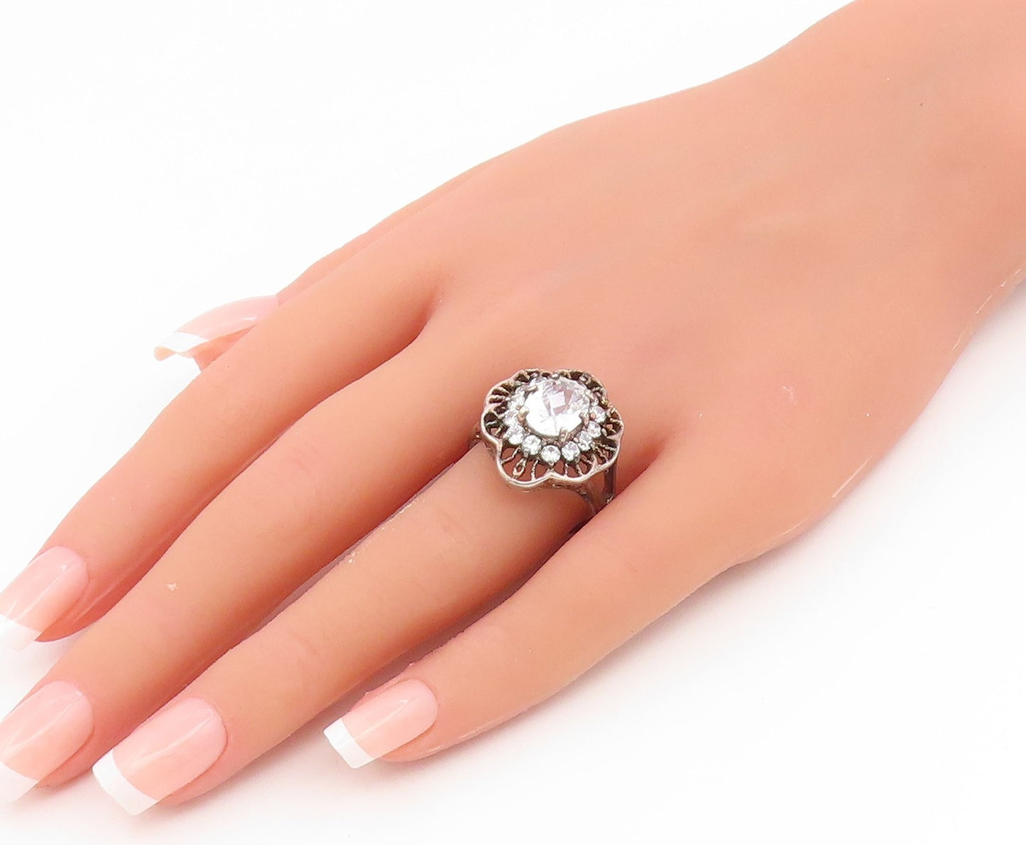 925 Sterling Silver Vintage Ring Elegant CZ Floral Cutout Band  Sz 9  RG35197