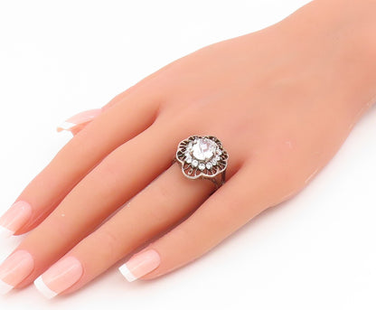 925 Sterling Silver Vintage Ring Elegant CZ Floral Cutout Band  Sz 9  RG35197
