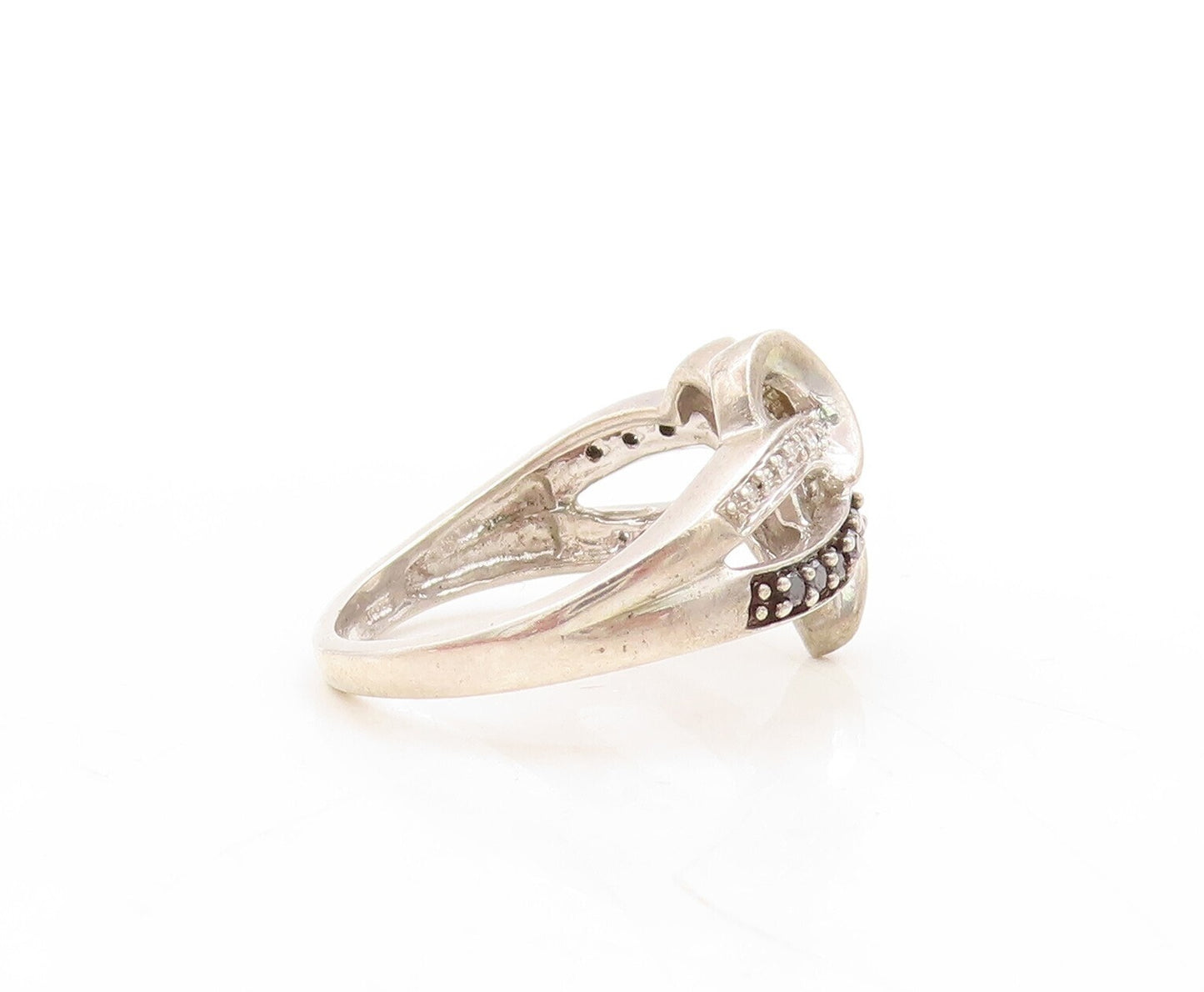 925 Sterling Silver Vintage Ring White & Black Diamonds Heart  Sz 6.5  RG31288