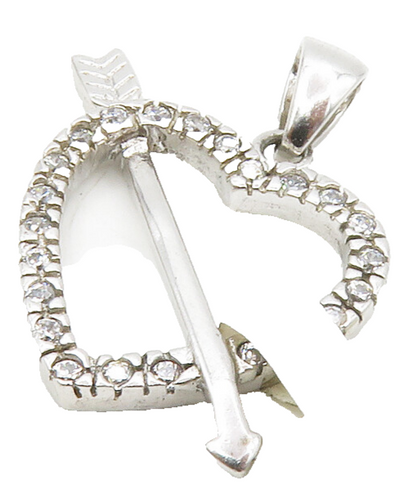 925 Sterling Silver  White Topaz Open Love Heart Bow & Arrow Pendant   PT10707