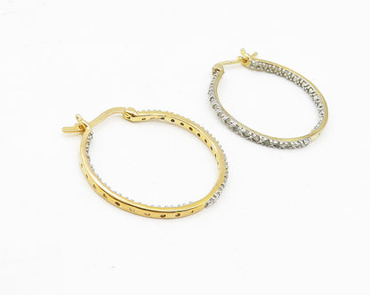 925 Sterling Silver  Genuine Diamonds Gold Plated Round Hoop Earrings  EG5364