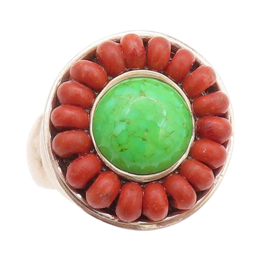 925 Sterling Silver Vintage Ring BARSE Turquoise & Coral Flower  Sz 10  RG32551
