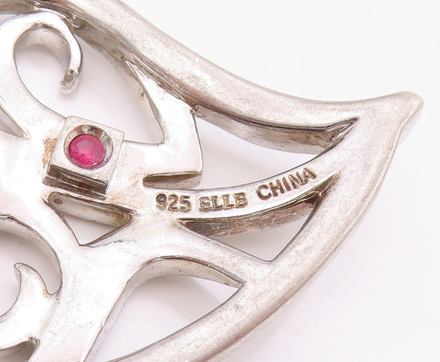 925 Sterling Silver Vintage Pendant ELLE Ruby Swirly Love Heart Cut Out  PT24750