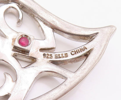 925 Sterling Silver Vintage Pendant ELLE Ruby Swirly Love Heart Cut Out  PT24750
