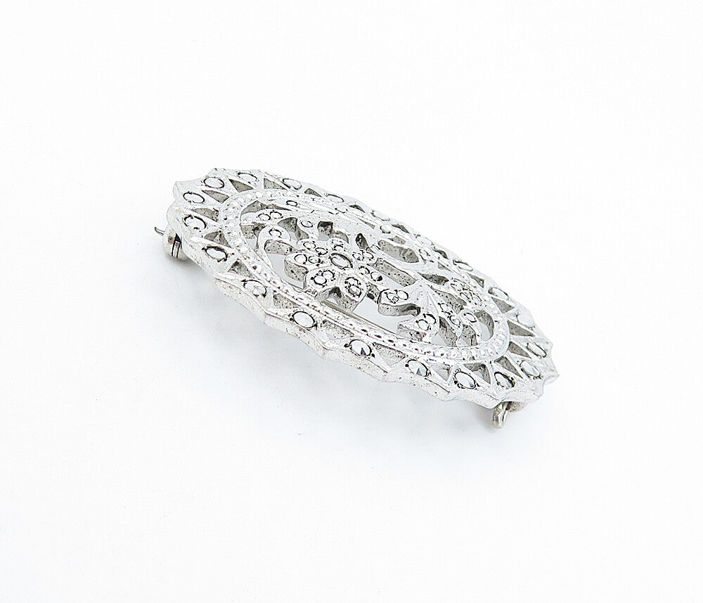 925 Sterling Silver  Vintage Sparkling Floral Designed Oval Brooch Pin  BP2199