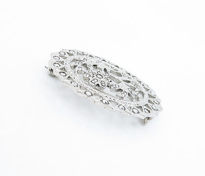 925 Sterling Silver  Vintage Sparkling Floral Designed Oval Brooch Pin  BP2199