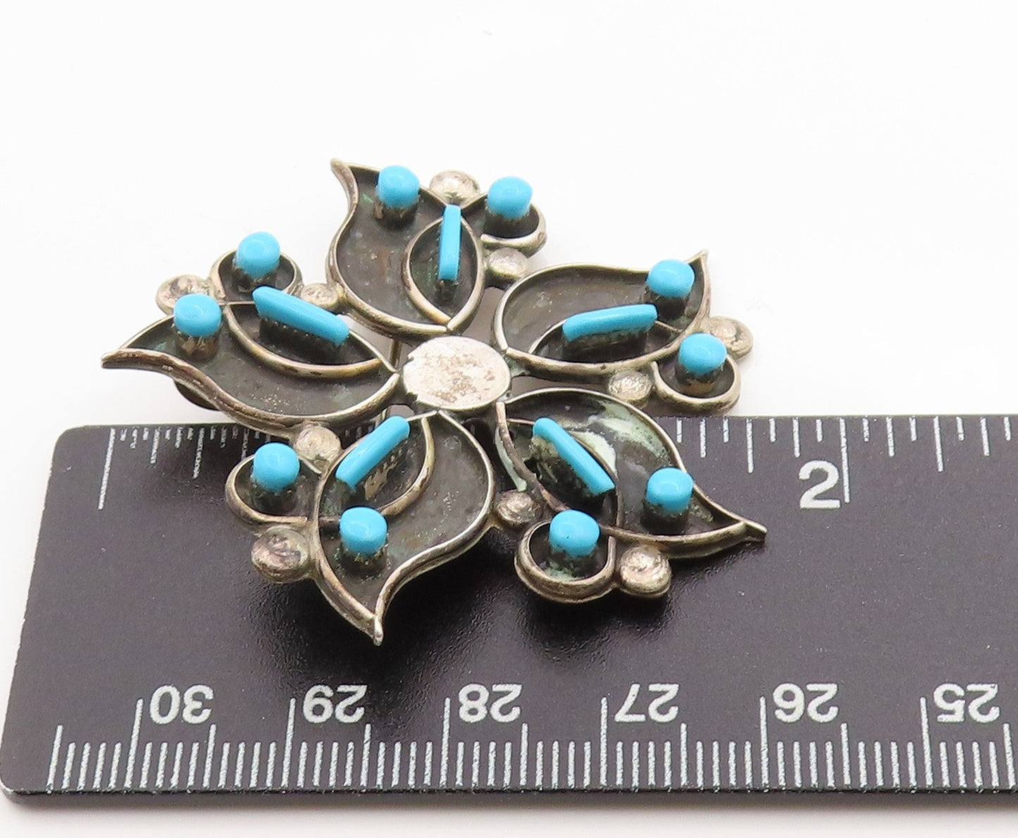 925 Sterling Silver Vintage Brooch Pin NAVAJO ZUNI Larimar Flower  BP11658