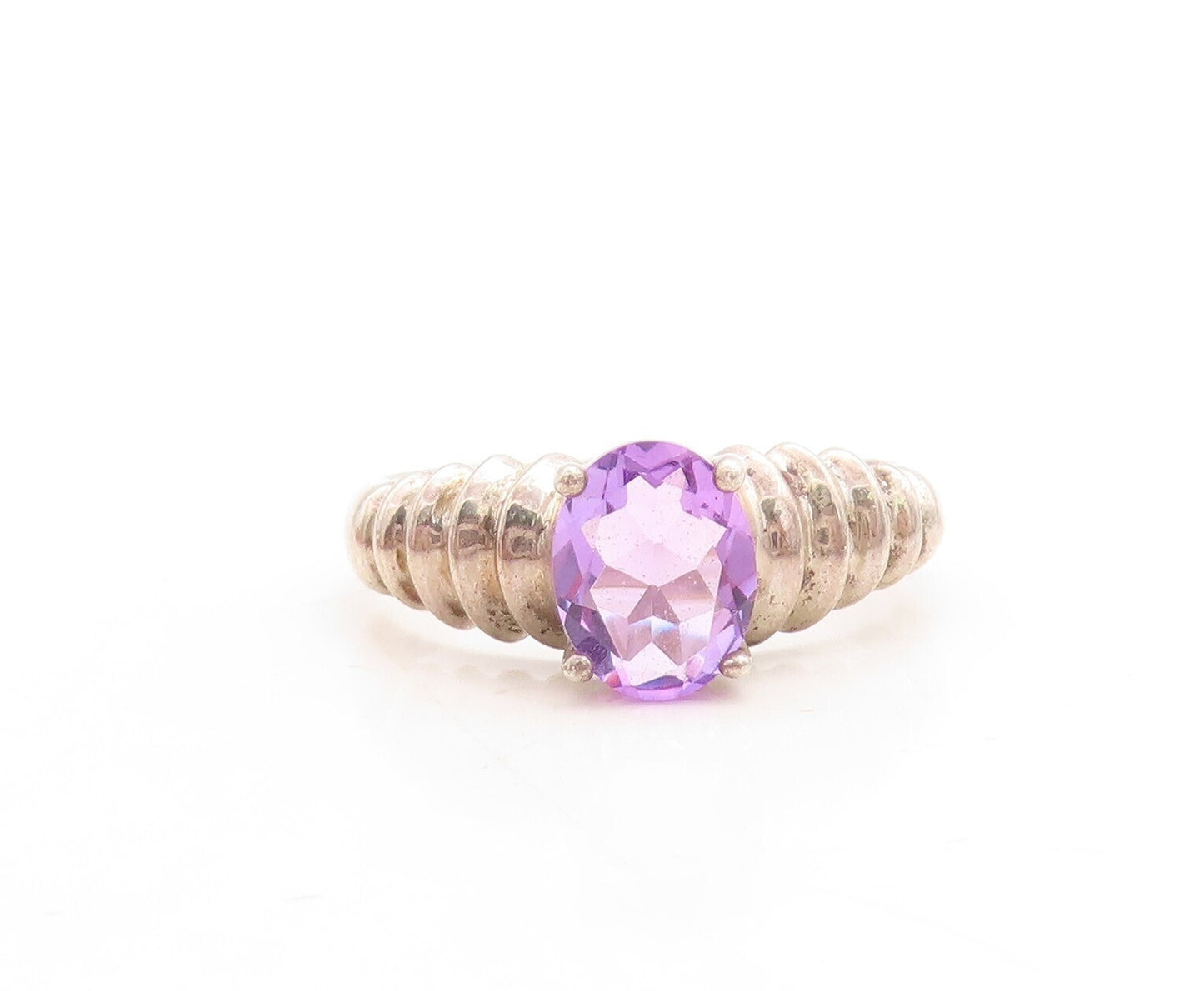 925 Sterling Silver Vintage Ring Dark Tone Grooved Oval Amethyst  Sz 10  RG31541