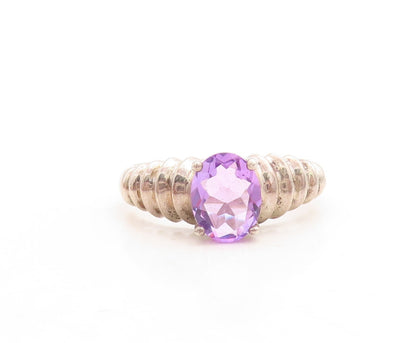 925 Sterling Silver Vintage Ring Dark Tone Grooved Oval Amethyst  Sz 10  RG31541