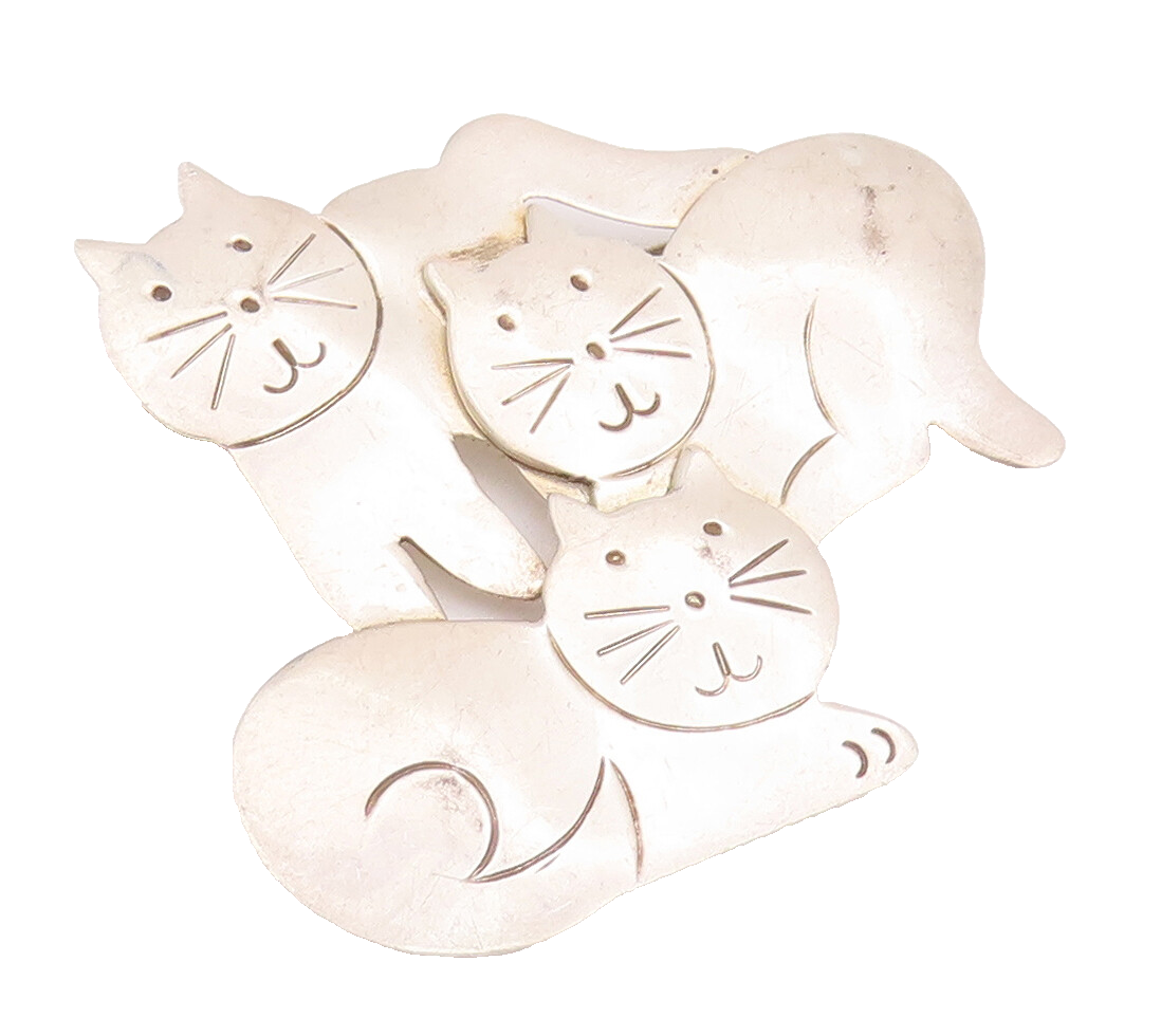 925 Sterling Silver Vintage Brooch Pin MEXICO Cutout Playful Cat Family  BP10741