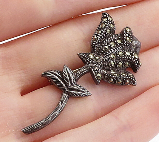925 Sterling Silver  Vintage Marcasite Decorated Flower Brooch Pin  BP1294