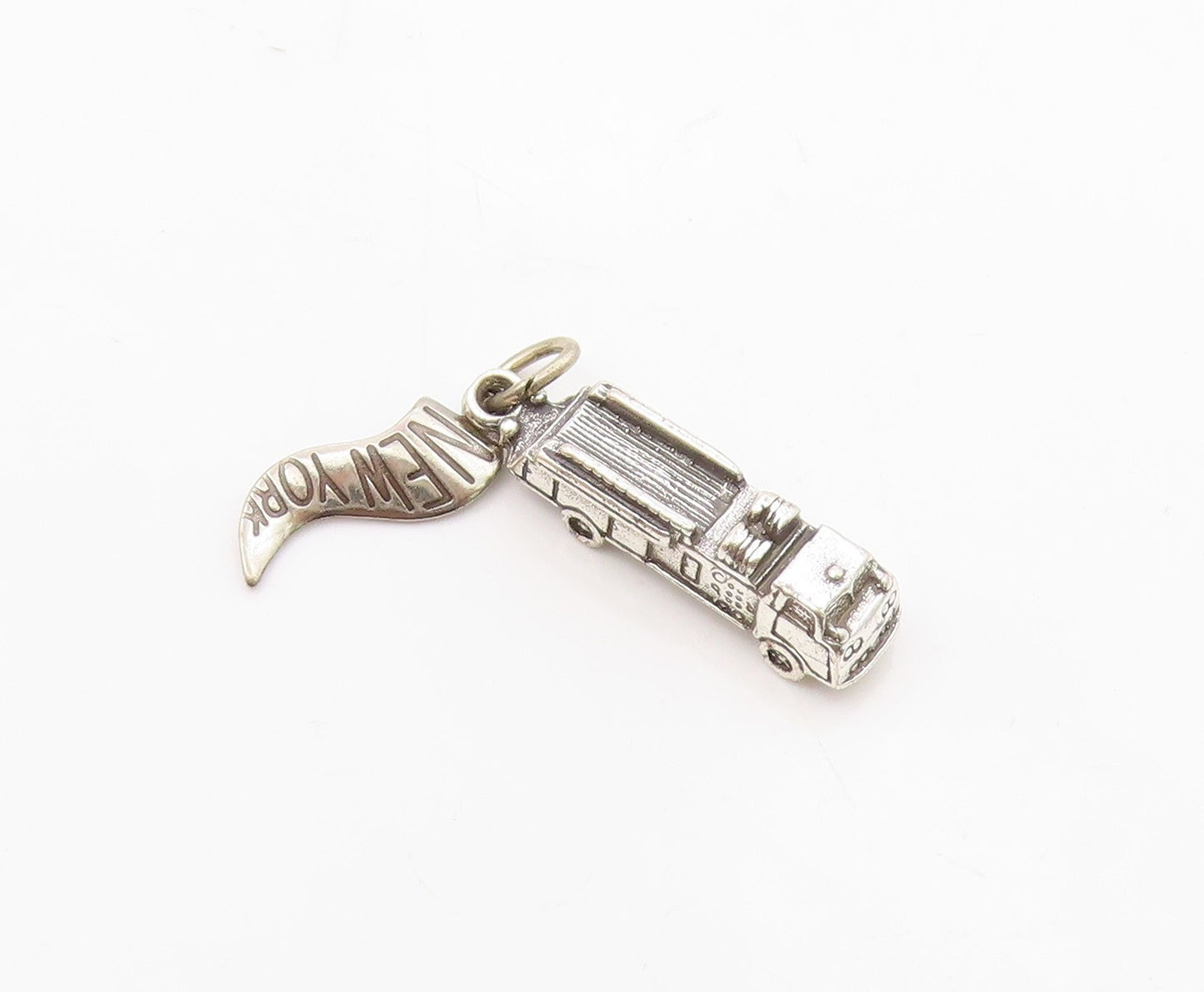 925 Sterling Silver  Vintage Petite Fire Truck New York Flag Pendant  PT9071