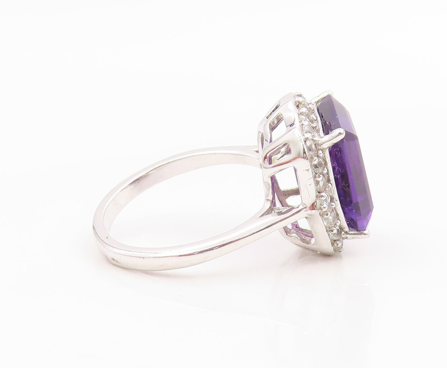 925 Sterling Silver Vintage Ring Elegant Amethyst & Halo CZ Band  Sz 8  RG35676