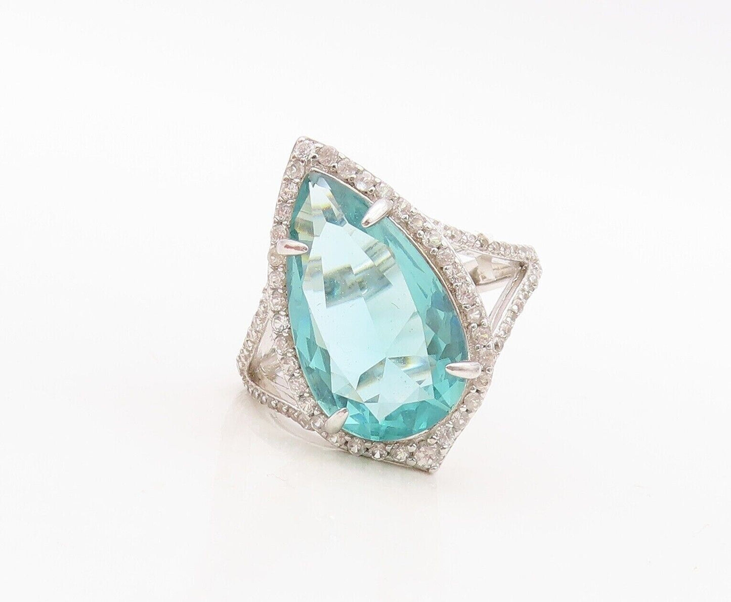 925 Sterling Silver Vintage Ring Designer Drop Cut Aquamarine & CZ Sz 7  RG30028