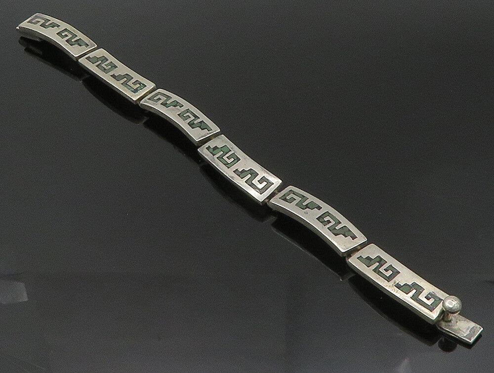 MEXICO 925 Sterling Silver  Vintage Jasper Mosaic Bar Chain Bracelet  BT1377