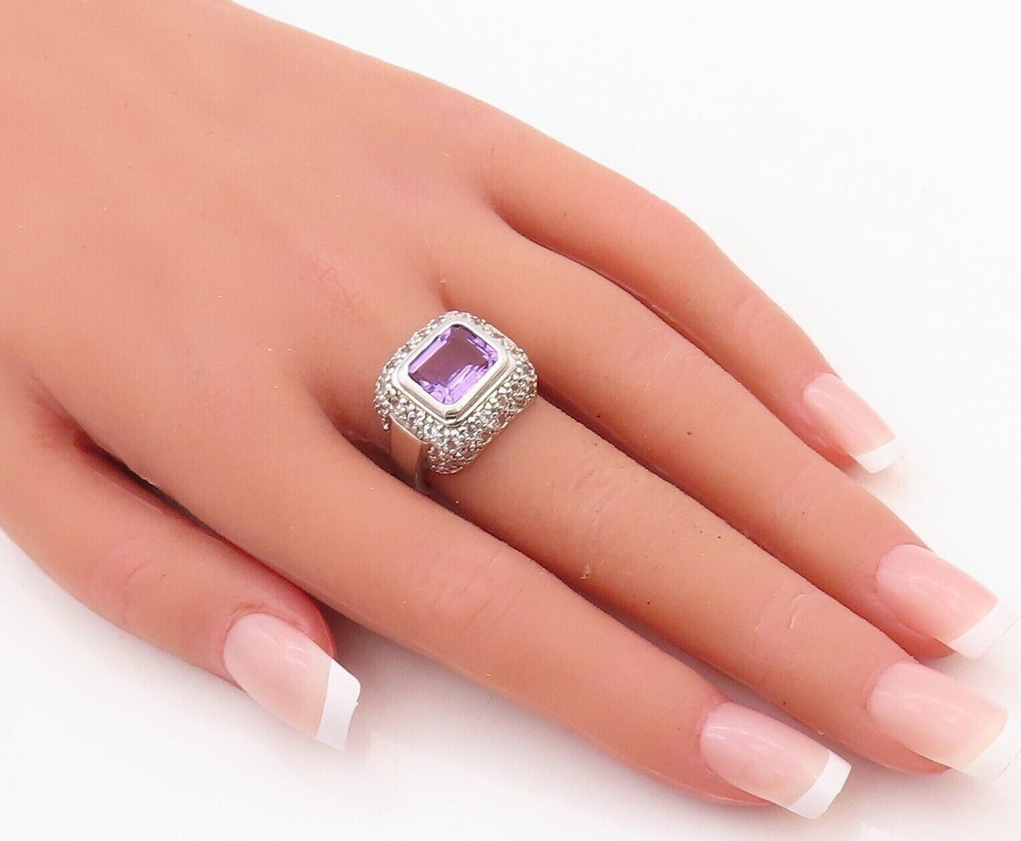 925 Sterling Silver Vintage Ring Square Cut Amethyst & Topaz Inlay Sz 7  RG30032