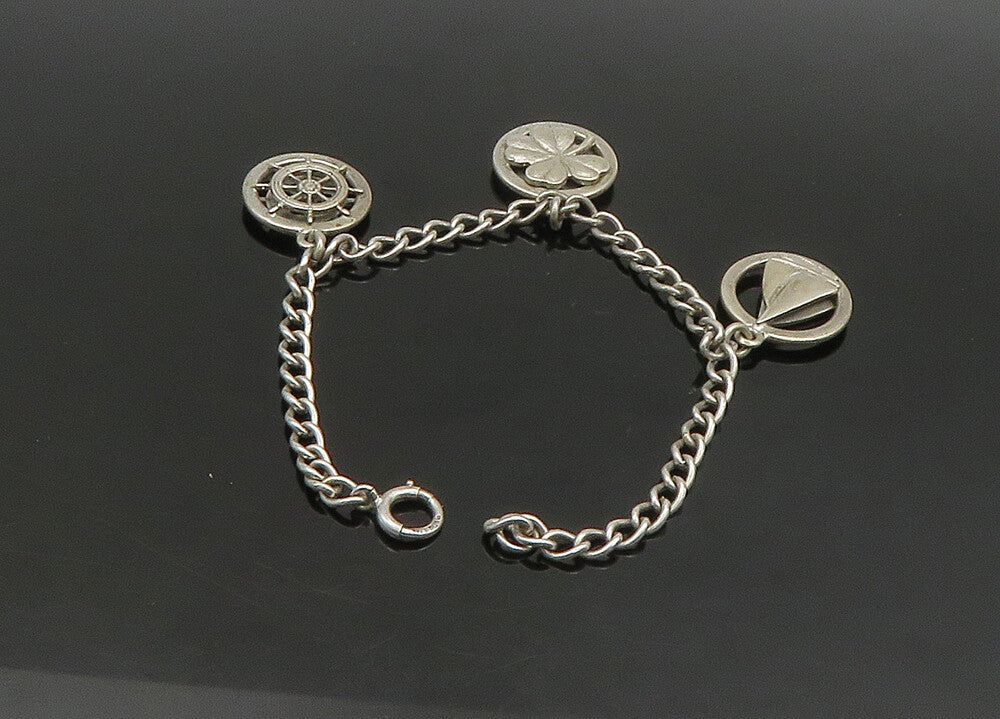 925 Sterling Silver  Vintage Sail Boat Clover Good Luck Charm Bracelet  BT9114