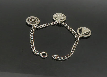 925 Sterling Silver  Vintage Sail Boat Clover Good Luck Charm Bracelet  BT9114