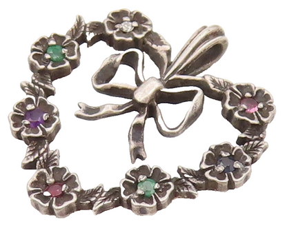 925 Sterling Silver  Vintage Flower Band Heart With bow Topaz Pendant  PT22154