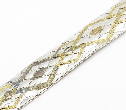 925 Sterling Silver  Shiny Two Tone Patterned Flat Chain Bracelet  BT6020