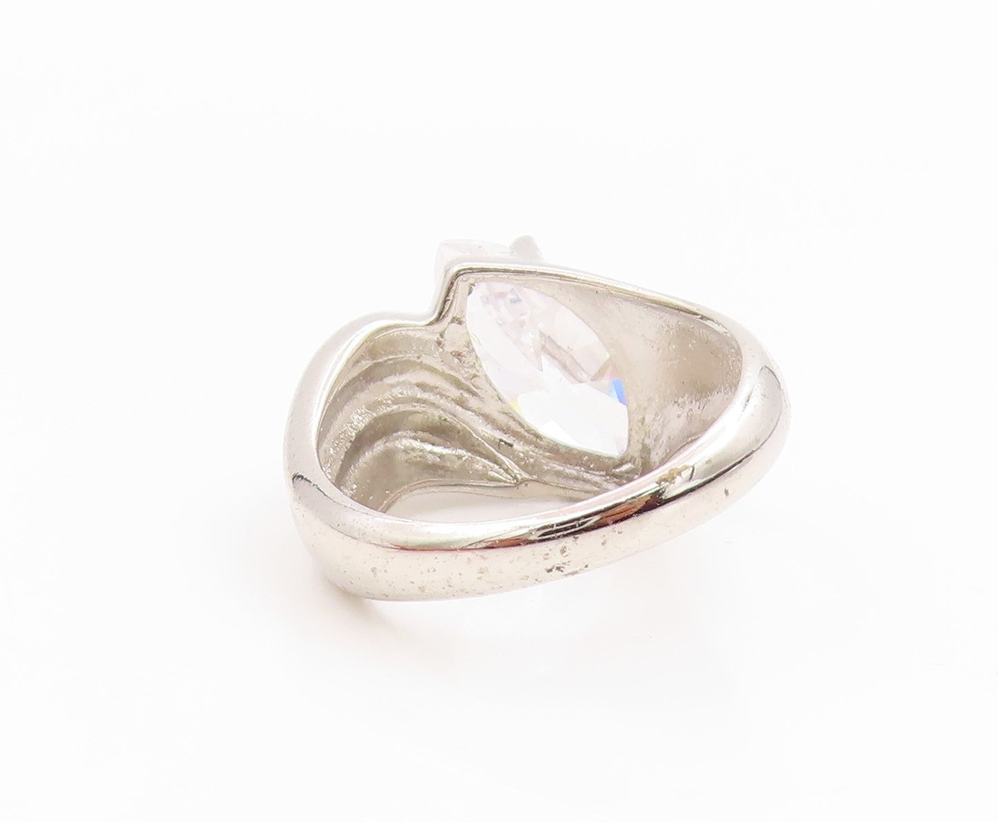 925 Sterling Silver Vintage Ring Marquise Cut CZ Ribbed Wave Band  Sz 7  RG35762