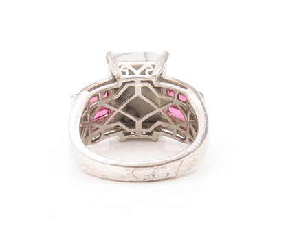 925 Sterling Silver Vintage Ring Rectangle Marble White & Pink CZ  Sz 8  RG31886
