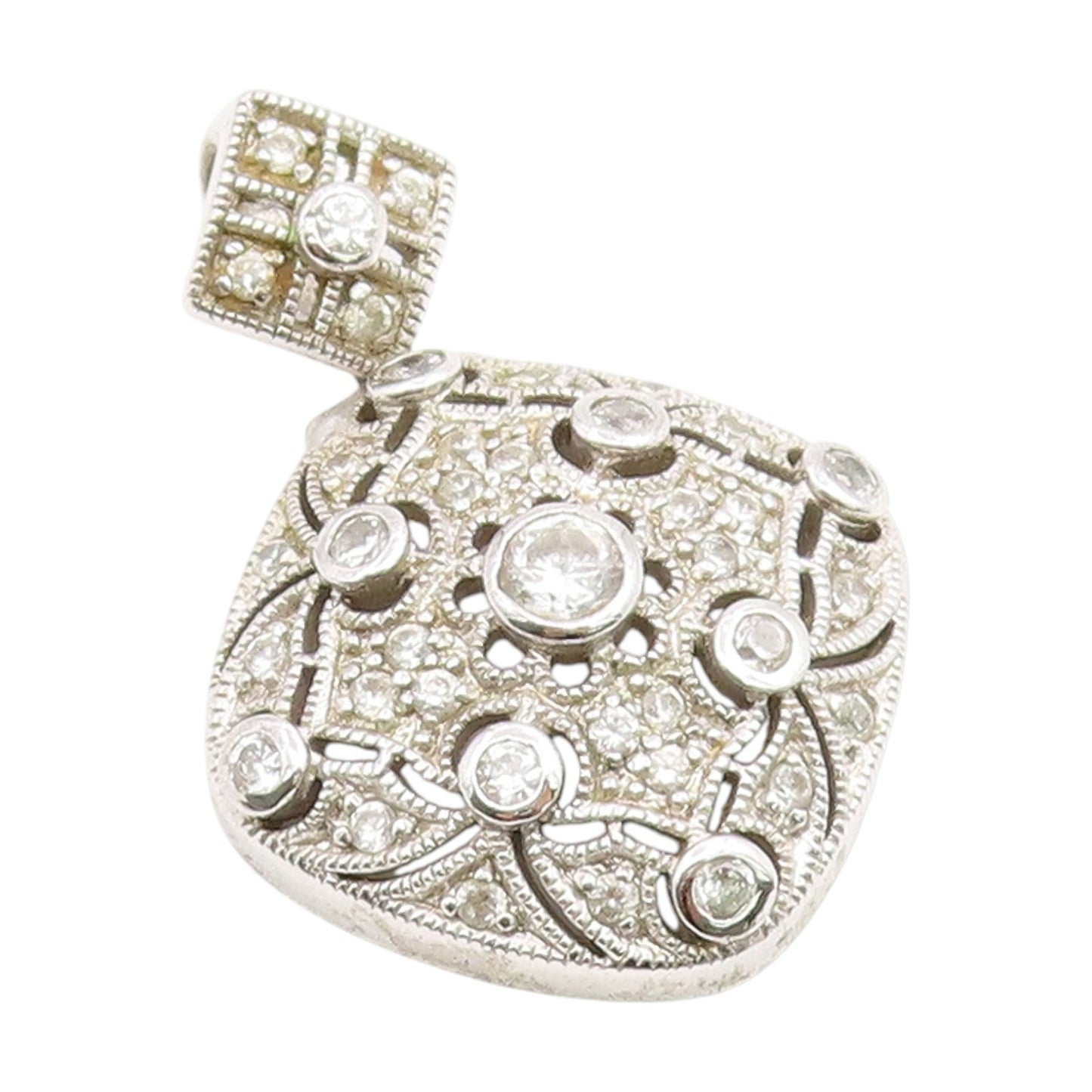 925 Sterling Silver Vintage Pendant CZ Classic Openwork Geometric Charm  PT25986