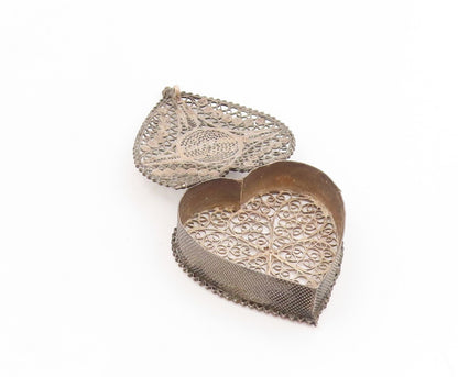 925 Sterling Silver Vintage Trinket Box Antique Love Heart Filigree OPENS TR4197