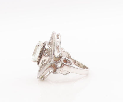925 Sterling Silver Vintage Ring Swirly Green Amethyst & Diamonds Sz 9.5 RG29611