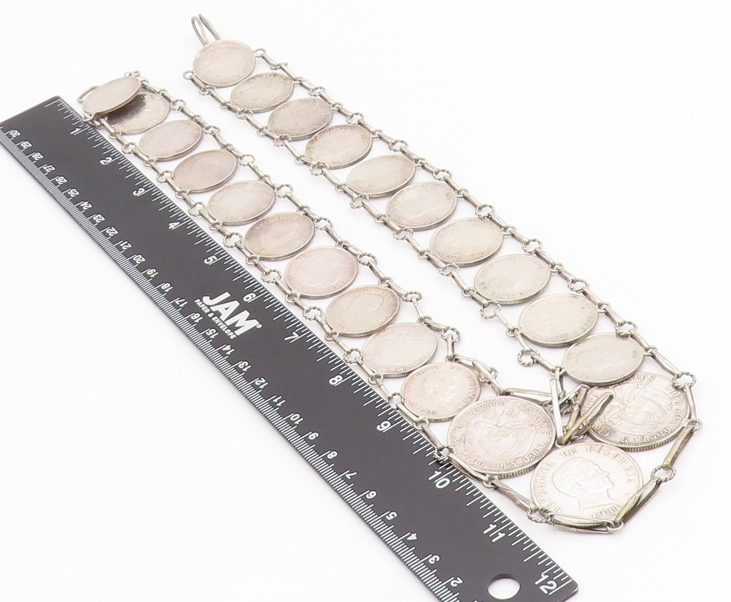 Solid Silver Vintage Necklace Columbia Centavos Long Coin Panel Link  NE4727