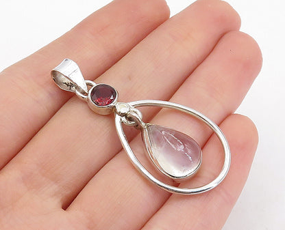 925 Sterling Silver  Quartz & Red Topaz Dangling Tear Drop Pendant  PT3378