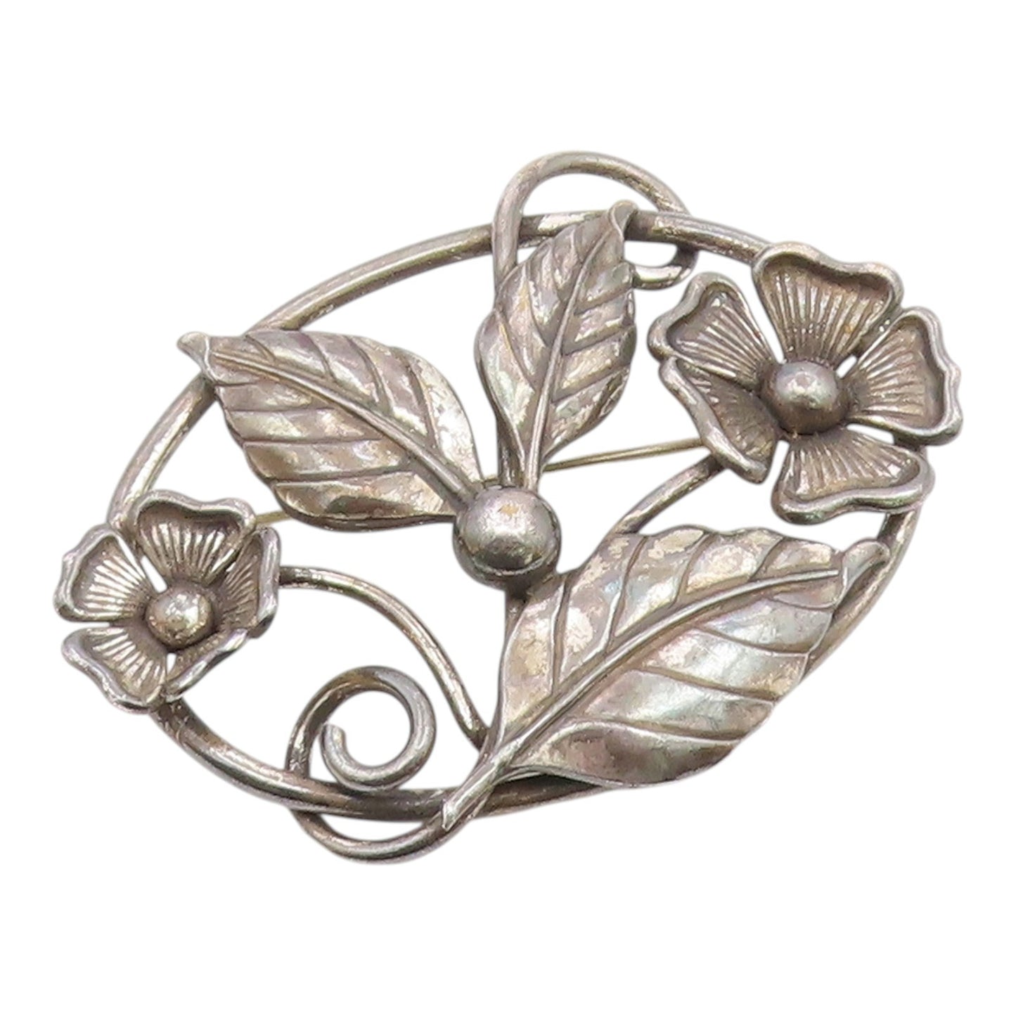 925 Sterling Silver  Vintage Oxidized Flowers Motif Oval Brooch Pin  BP4391