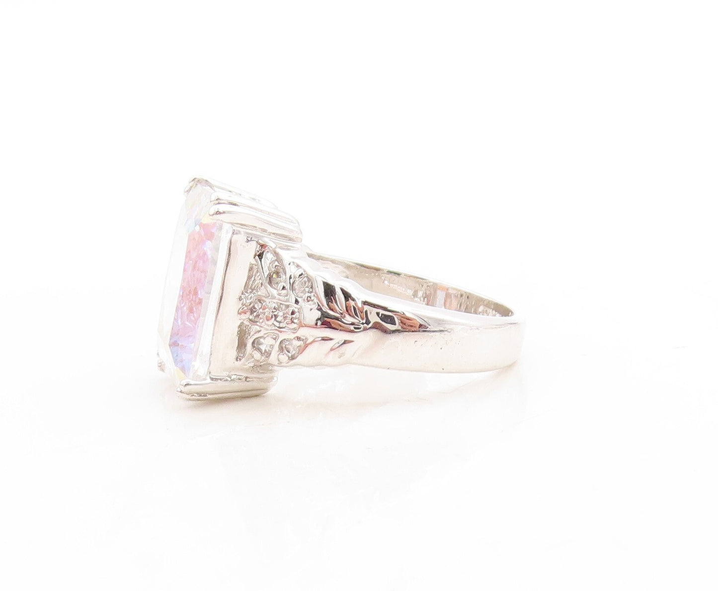 925 Sterling Silver Vintage Ring Rectangle Cut Mystic Stone & CZ  Sz 8  RG31180