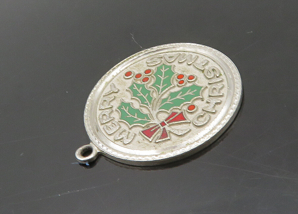 925 Sterling Silver  Vintage Enamel Merry Christmas Mistletoe Pendant  PT15670