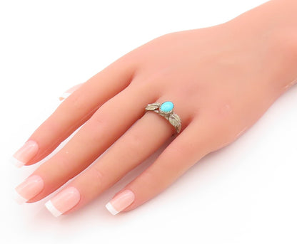 925 Sterling Silver Vintage Ring Oval Turquoise With Wings Carved Sz 8.5 RG32948