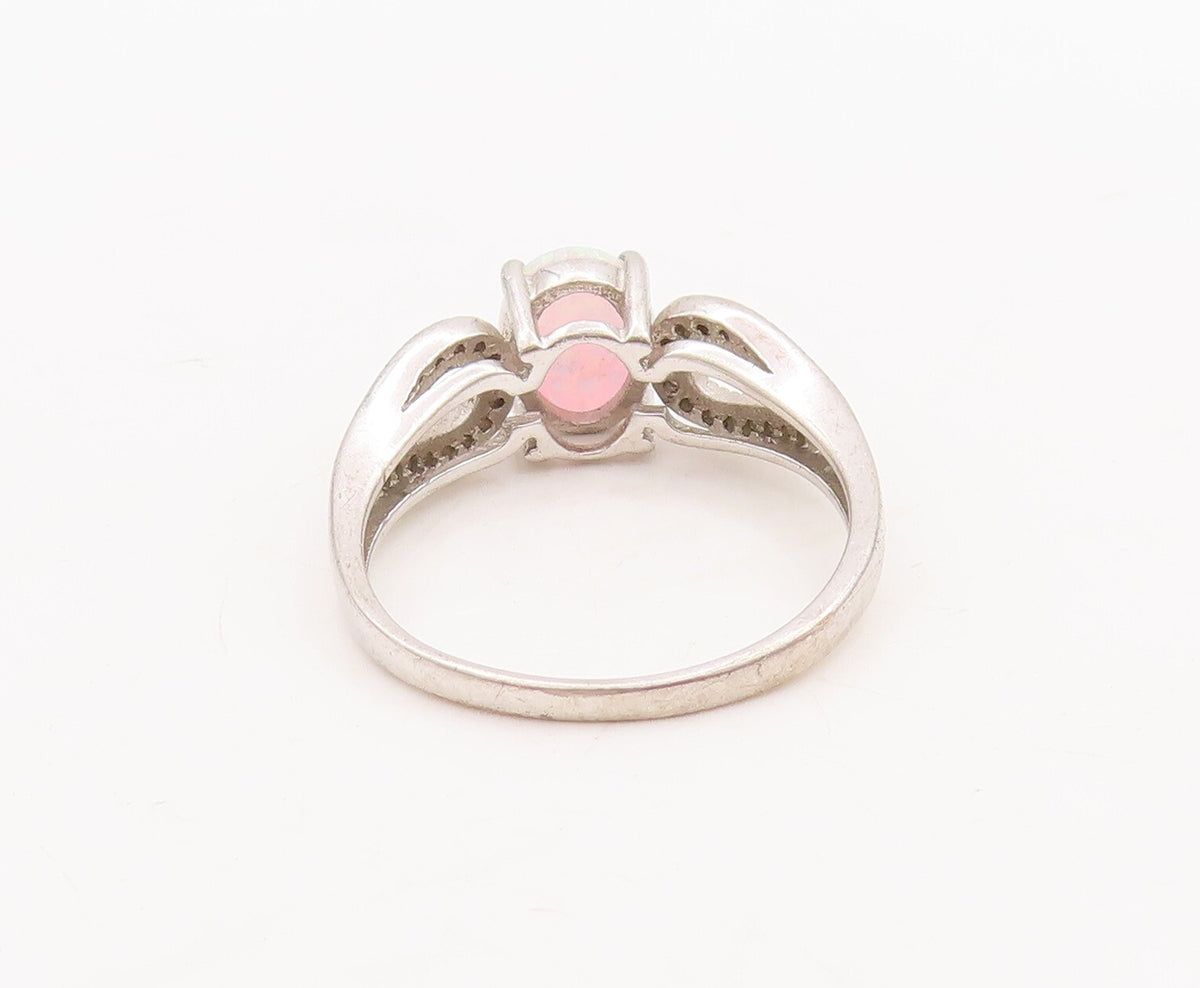 925 Sterling Silver Vintage Ring Loop Neck CZ Inlay & Fire Opal  Sz 9 RG29085