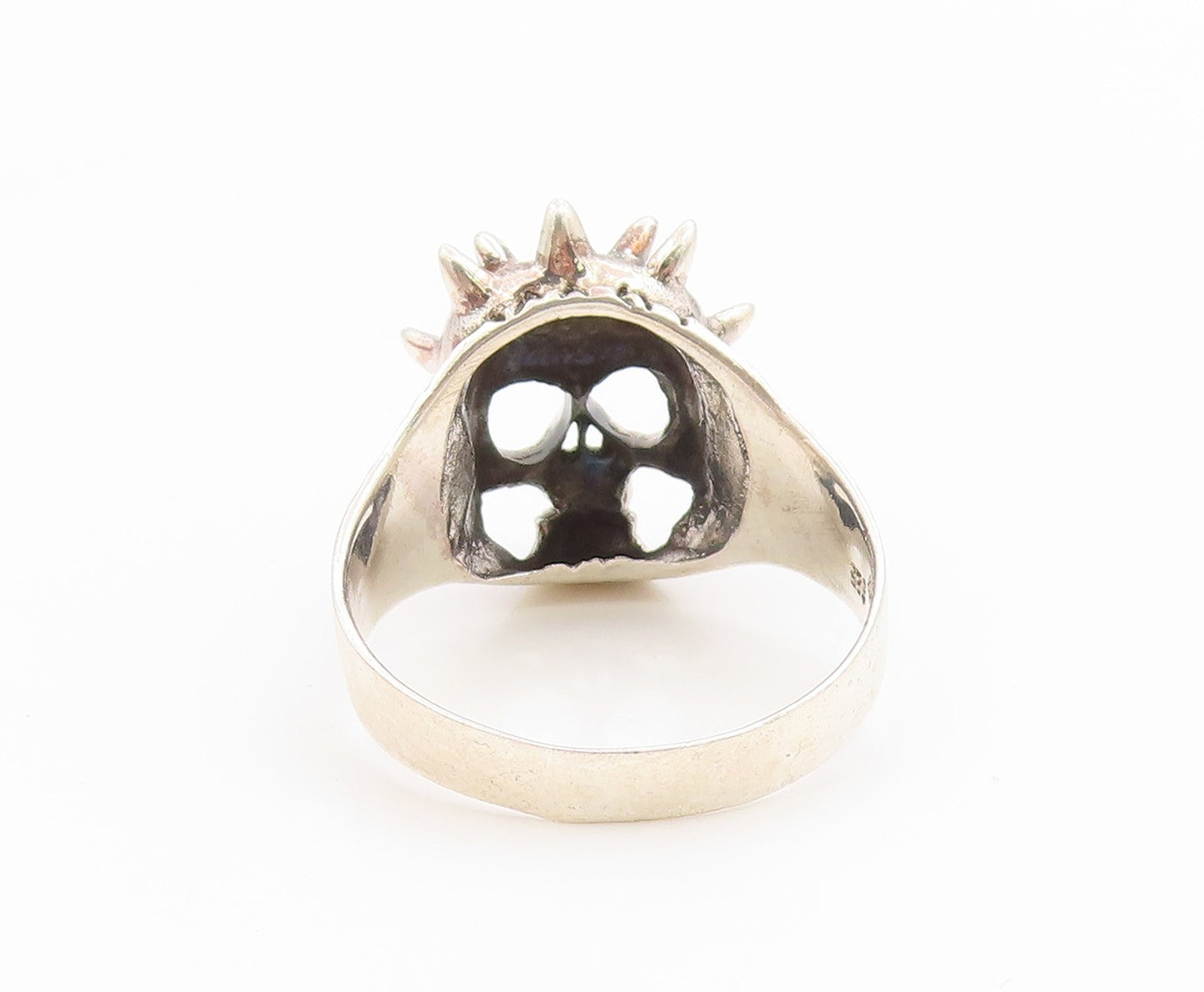 925 Sterling Silver Vintage Ring Carved Gothic Spiky Skull Band  Sz 15  RG36033
