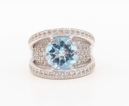 925 Sterling Silver Vintage Ring Designer Cutout Blue & White CZ  Sz 7  RG30398