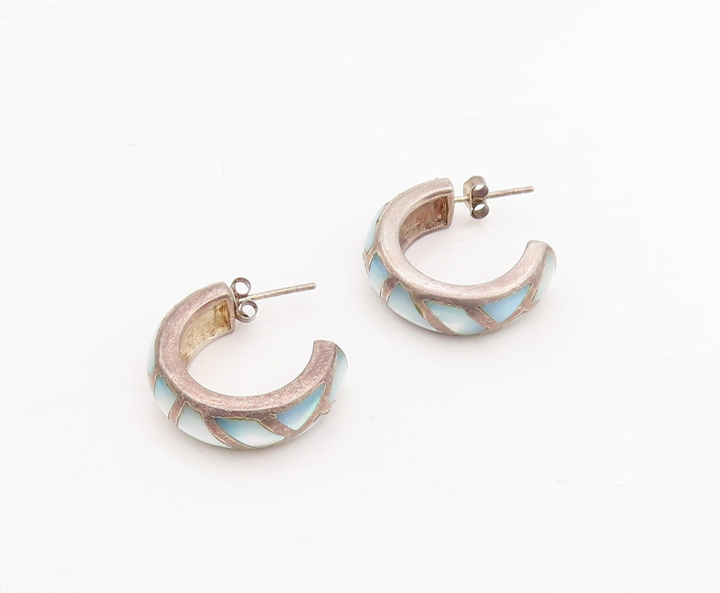 925 Sterling Silver Vintage Earrings Blue Mother Of Pearls Open Hoops  EG13110